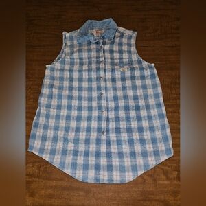 VINTAGE Kikomo Denim Shirt Women Plaid Large Sleeveless 90s Blouse Top